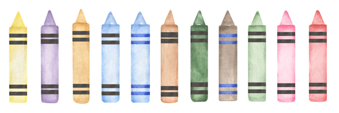 Watercolor School Crayons Set, Pencil Illustration. School Supplies Clipart.