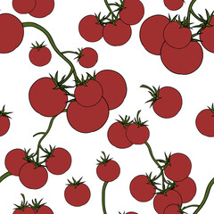 Sprigs of cherry tomatoes on a white background. Seamless background for fabrics, perfect for kitchen, vegan packaging, eco brand and kitchen textile. Simple flat style. Vector illustration. 