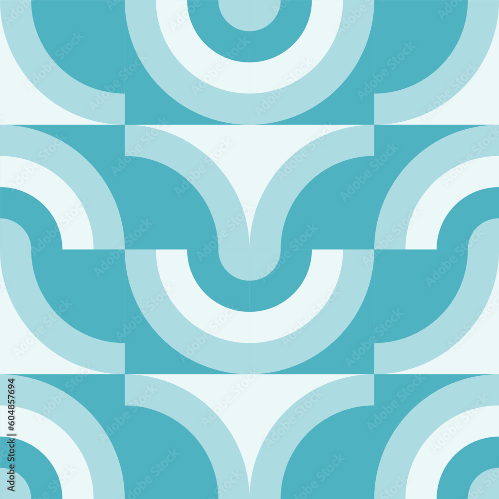 Poster Simple geometric seamless pattern. Modern abstract background with circle, semi circle, square, rectangle stripe shapes in pastel colors.