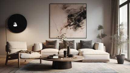 Stylish Living Room Interior with an Abstract Frame Poster, Modern interior design, 3D render, 3D illustration