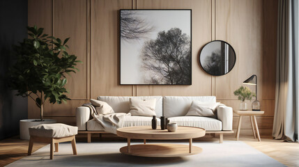 Stylish Living Room Interior with a Tree Frame Poster, Modern interior design, 3D render, 3D illustration