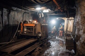 Fototapeta na wymiar inside a coal mine, with miners using and drilling equipment to extract the resource, created with generative ai