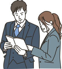 手帳を見ながら会話するビジネスマンの男女