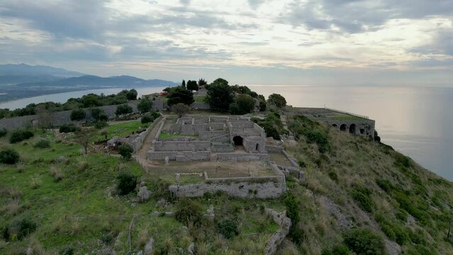This aerial drone video shows the tempio di giove anxur in Terracina, Italy. The old temple is located on the mountain and has a beautiful view over the sea. 