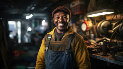 Obraz na płótnie Canvas Handcraft, In his tool-filled garage, a joyous mechanic stands tall. His passion is mirrored in his smile, his hard work imprinted on his grease-marked uniform. Generative AI