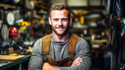 Obraz premium Handcraft, In his tool-filled garage, a joyous mechanic stands tall. His passion is mirrored in his smile, his hard work imprinted on his grease-marked uniform. Generative AI