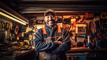 Obraz premium Handcraft, In his tool-filled garage, a joyous mechanic stands tall. His passion is mirrored in his smile, his hard work imprinted on his grease-marked uniform. Generative AI