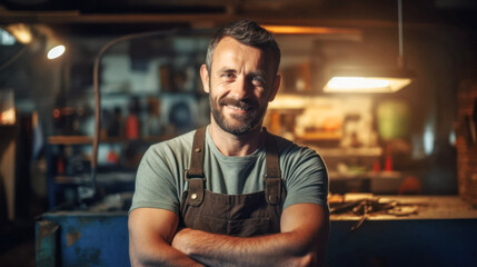 Fototapeta na wymiar Handcraft, In his tool-filled garage, a joyous mechanic stands tall. His passion is mirrored in his smile, his hard work imprinted on his grease-marked uniform. Generative AI