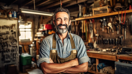 Handcraft, In his tool-filled garage, a joyous mechanic stands tall. His passion is mirrored in his smile, his hard work imprinted on his grease-marked uniform. Generative AI