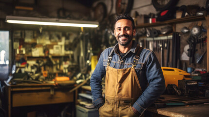 Handcraft, In his tool-filled garage, a joyous mechanic stands tall. His passion is mirrored in his smile, his hard work imprinted on his grease-marked uniform. Generative AI