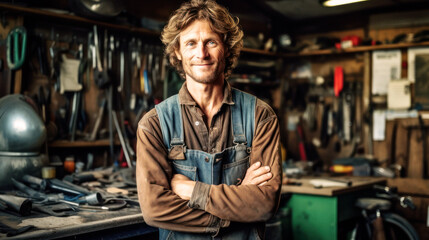 Fototapeta premium Handcraft, In his tool-filled garage, a joyous mechanic stands tall. His passion is mirrored in his smile, his hard work imprinted on his grease-marked uniform. Generative AI