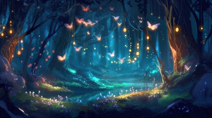 Butterflies dancing over a little creek in enchanted forest at night, fantasy landscape