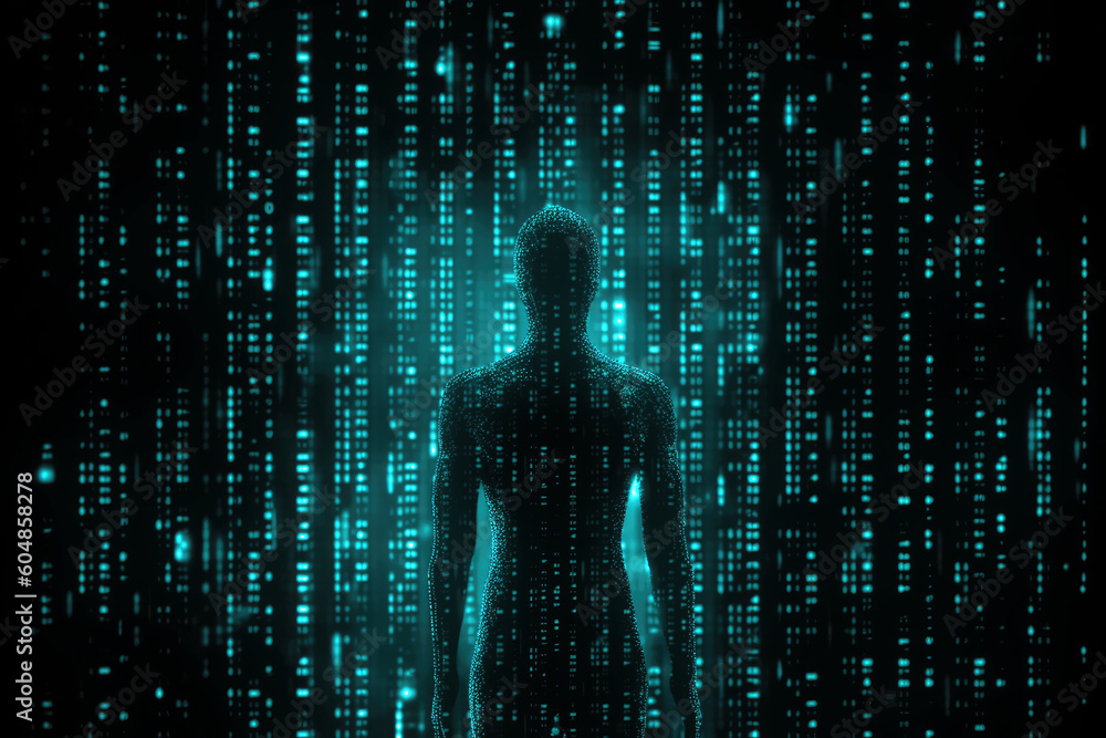 Poster a human silhouette over background of holographic binary code, showing the fusion of human conscious