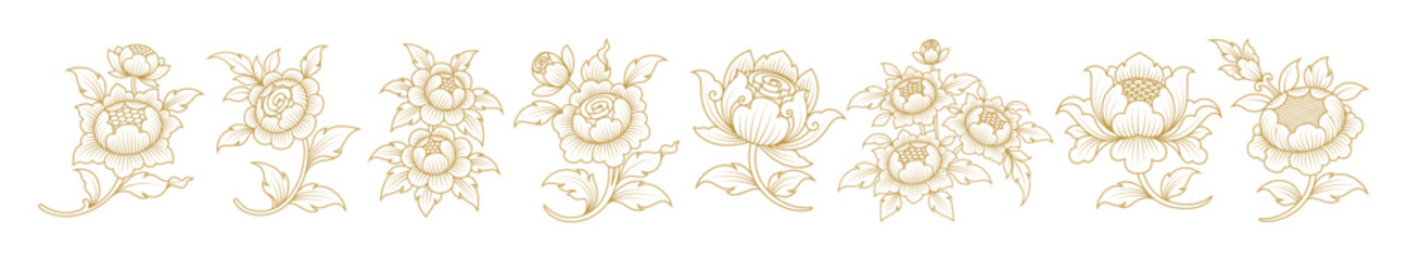 Set lotus art, asian buddhism temple element and background pattern decoration for motifs