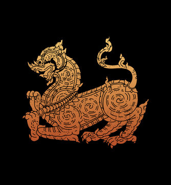 Thai mural painting lion on black background. Vector illustration.