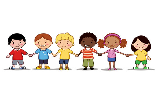 kids holding hands, kindergarten cartoon clip art vector illustration