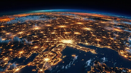 World map satellite picture, view of city lights background. Generative AI.