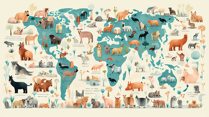World map with cartoon animals background. Generative AI.