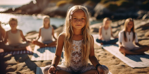 Group of children doing meditation yoga asana on the beach. Kids practicing yoga outdoor early in the morning, training yoga together. International Yoga Day. AI Generative.