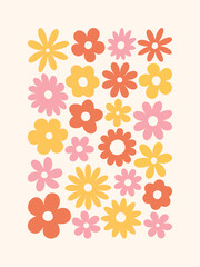 Abstract retro floral poster. Trendy print with groovy daisy flowers. Vintage 70s style background. Colorful flat cartoon vector illustration.