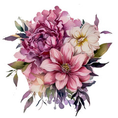 Obraz premium Watercolor Bouquet of Flowers Clipart - Pink, Blue, Orange, and Red Tones with Transparent Background AI generated 