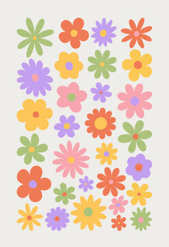 Retro floral poster. Trendy print with groovy daisy flowers. Vintage y2k nature background. Colorful flat cartoon vector illustration.