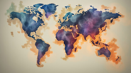 World map on smoke background. Generative AI.