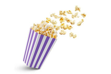 Popcorn flying out of purple white striped paper box isolated on white, transparent background, PNG, with copy space. Splash, levitation of popcorn grains.