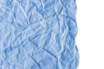 Recycled crumpled blue paper texture with a torn edge isolated on transparent, white background, PNG. Wrinkled and creased abstract backdrop, wallpaper with copy space, top view.