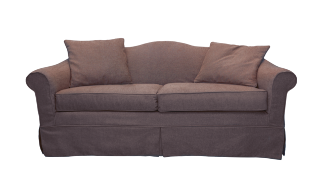 Brown sofa with two pillows isolated on white, transparent background, PNG. Classic english style two seater cushion couch with upholstery cover, front view