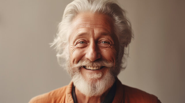 A senior man poses happily in neutral clothes in a beige studio. Generative AI