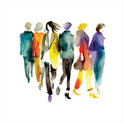 Vector illustration watercolor fashion sketch group of people in full growth go