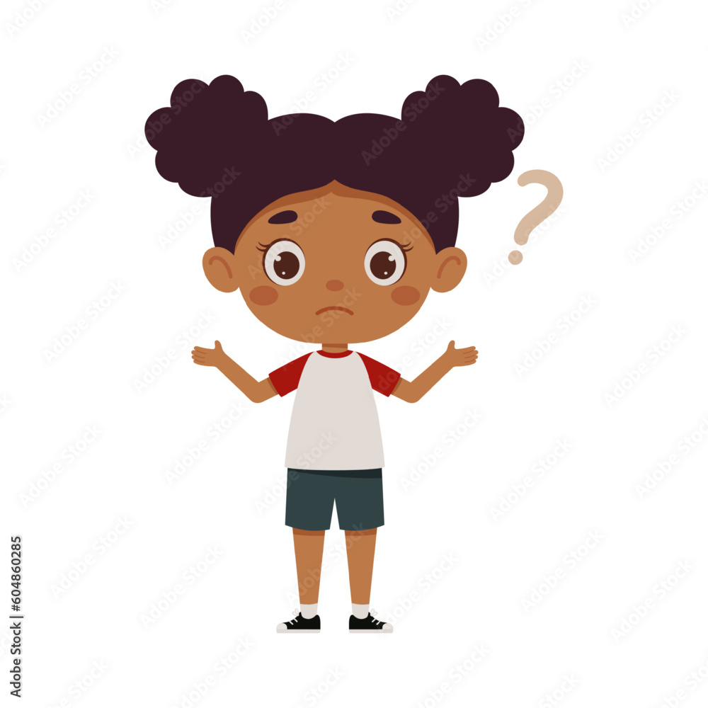 Wall mural cute little kid girl confused with question mark. cartoon schoolgirl character show facial expressio