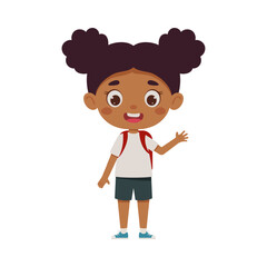 Cute cartoon little girl with the backpack waving her hand hello. Little schoolgirl character. Vector illustration