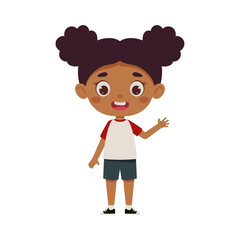 Cute cartoon little girl waving her hand. Little schoolgirl character. Vector illustration