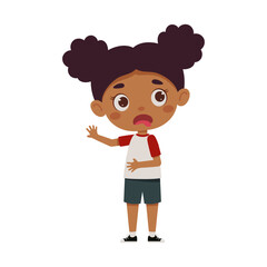 Cute little kid girl feeling disgusted. Cartoon schoolgirl character show facial expression. Vector illustration