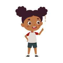 Cute little kid girl with great idea. Cartoon schoolgirl character show facial expression. Vector illustration