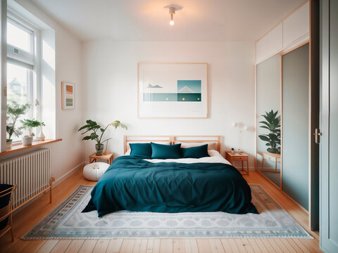 Bedroom in scandinavian style. Generative AI