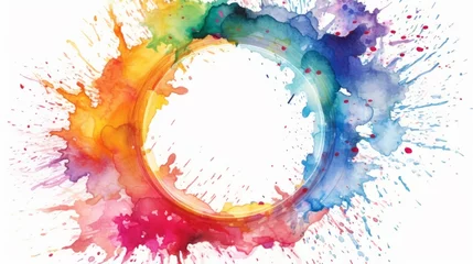 Rolgordijnen Abstract colorful rainbow color painting illustration - Circular circle frame made of watercolor splashes, isolated on white background (Generative Ai) © Corri Seizinger