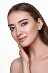 Naklejka premium woman touching and enjoy perfect skin on white background