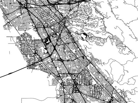 Road map of the city of  Hayward California in the United States of America on a transparent background.
