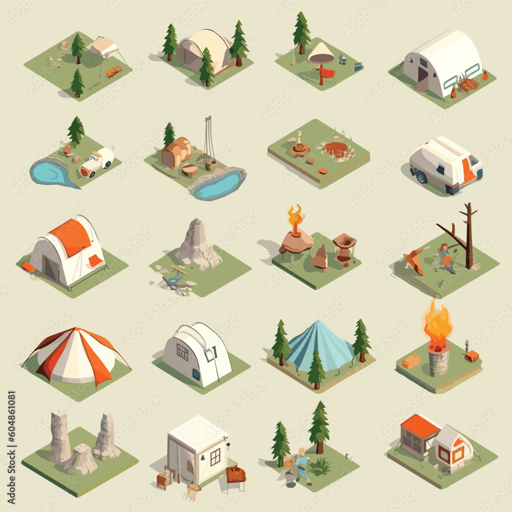 Wall mural camping isometric vector set isolated