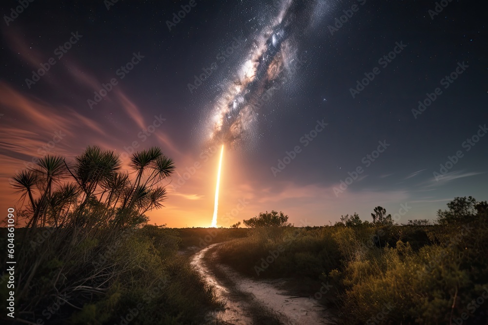 Poster rocket launch, with view of earth and the stars in the background, created with generative ai