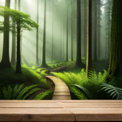 A wooden path in a forest with a green background and a forest with a sun shining on it.