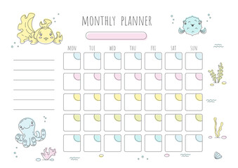 Fototapeta na wymiar Cute monthly planner in a nautical theme. 