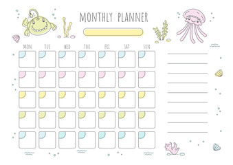 Cute monthly planner with drawn fish. 