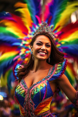 Fototapeta na wymiar In a sea of blurred faces, a woman in a vibrant feathered suit stands radiant. Her lively smile is a testament to the carnival's exuberant spirit. Generative AI