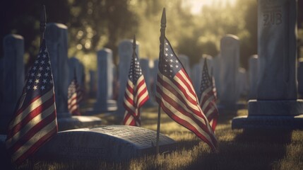 American flag in red, white, and blue over a cemetery, ideal for honoring the fallen for the country. Generative AI