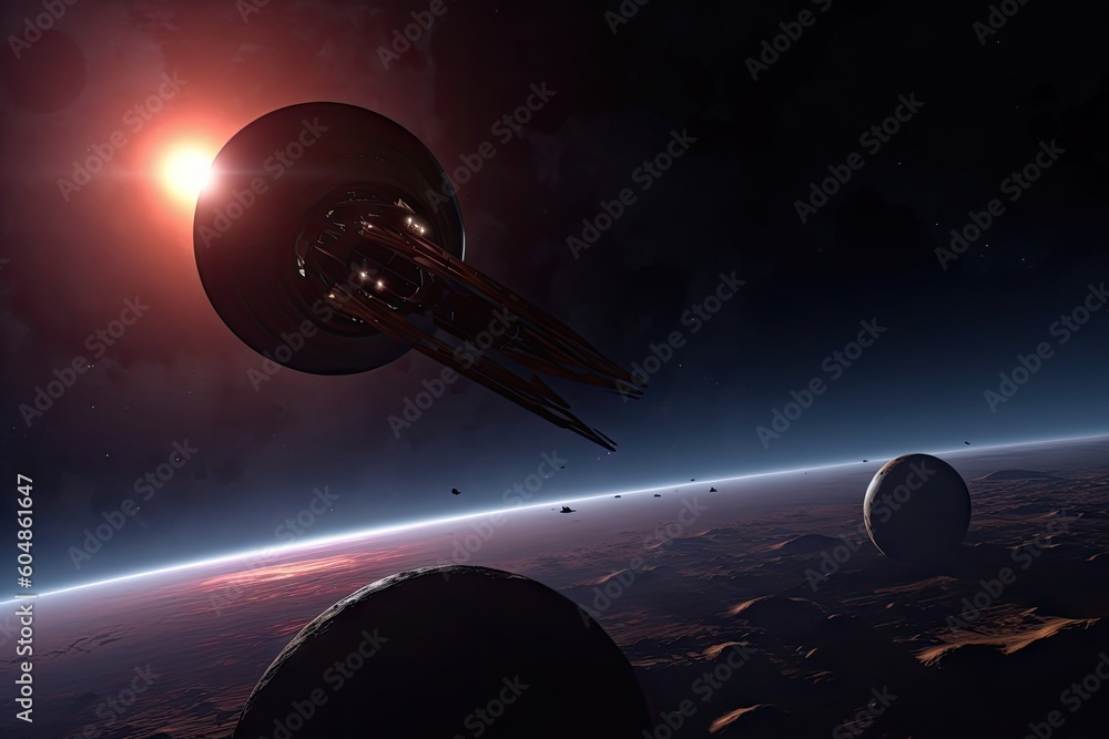 Poster view of distant planet, with spacecraft in the foreground, created with generative ai