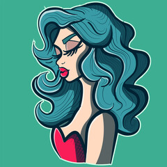 Conceptual art of a drag queen profile with green curly wig and red dress. Elegant woman avatar.